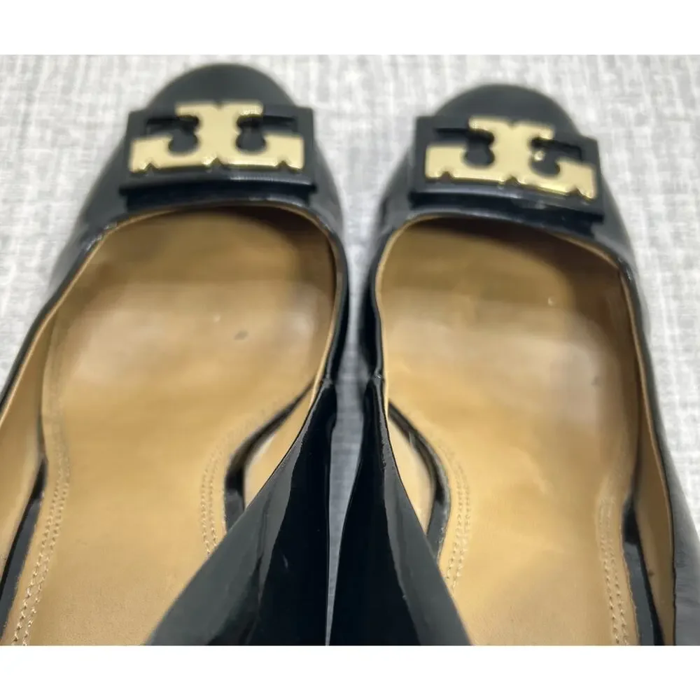 Tory Burch Gigi Black Patent Leather Classic Pumps Wedge Shoe 8.5 Gold T Logo
